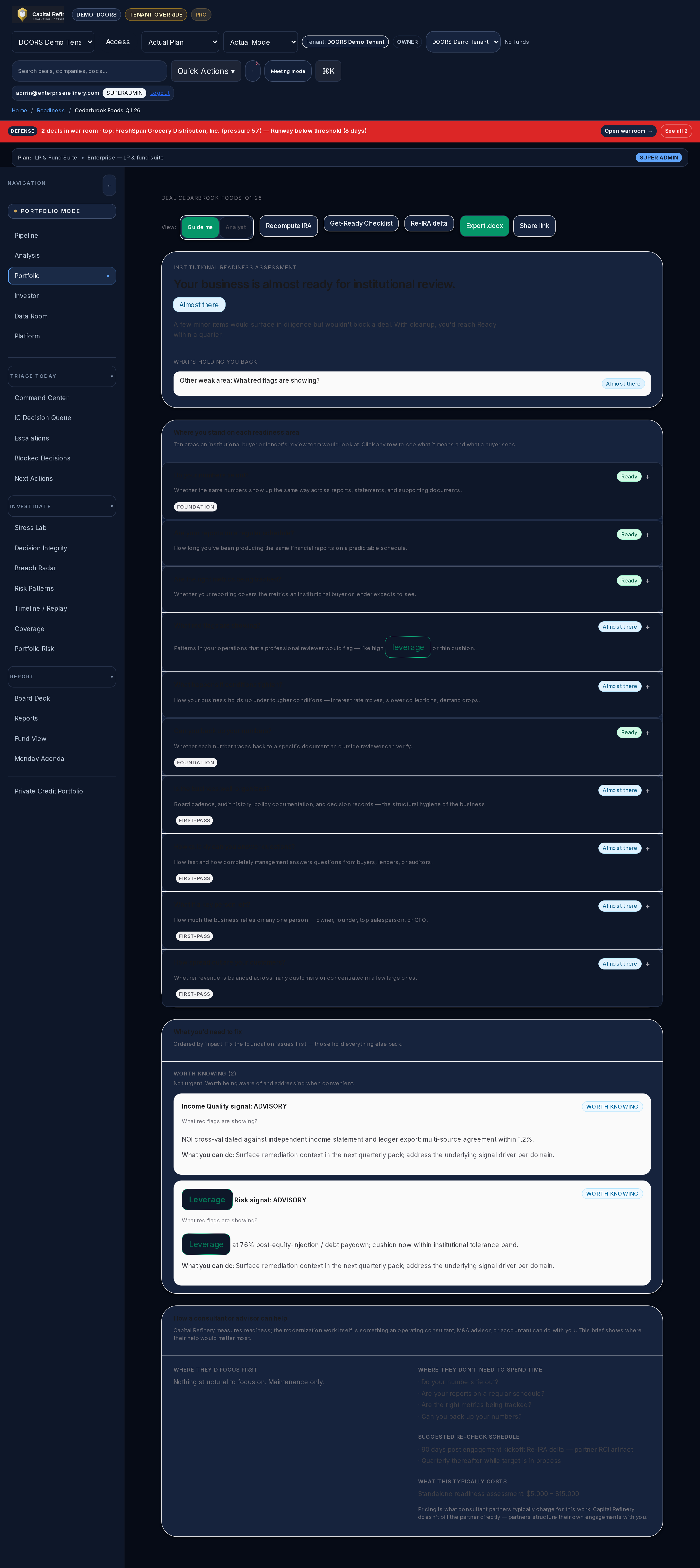 Real platform render of the Cedarbrook IRA composite, axis grid, blockers, and partner brief