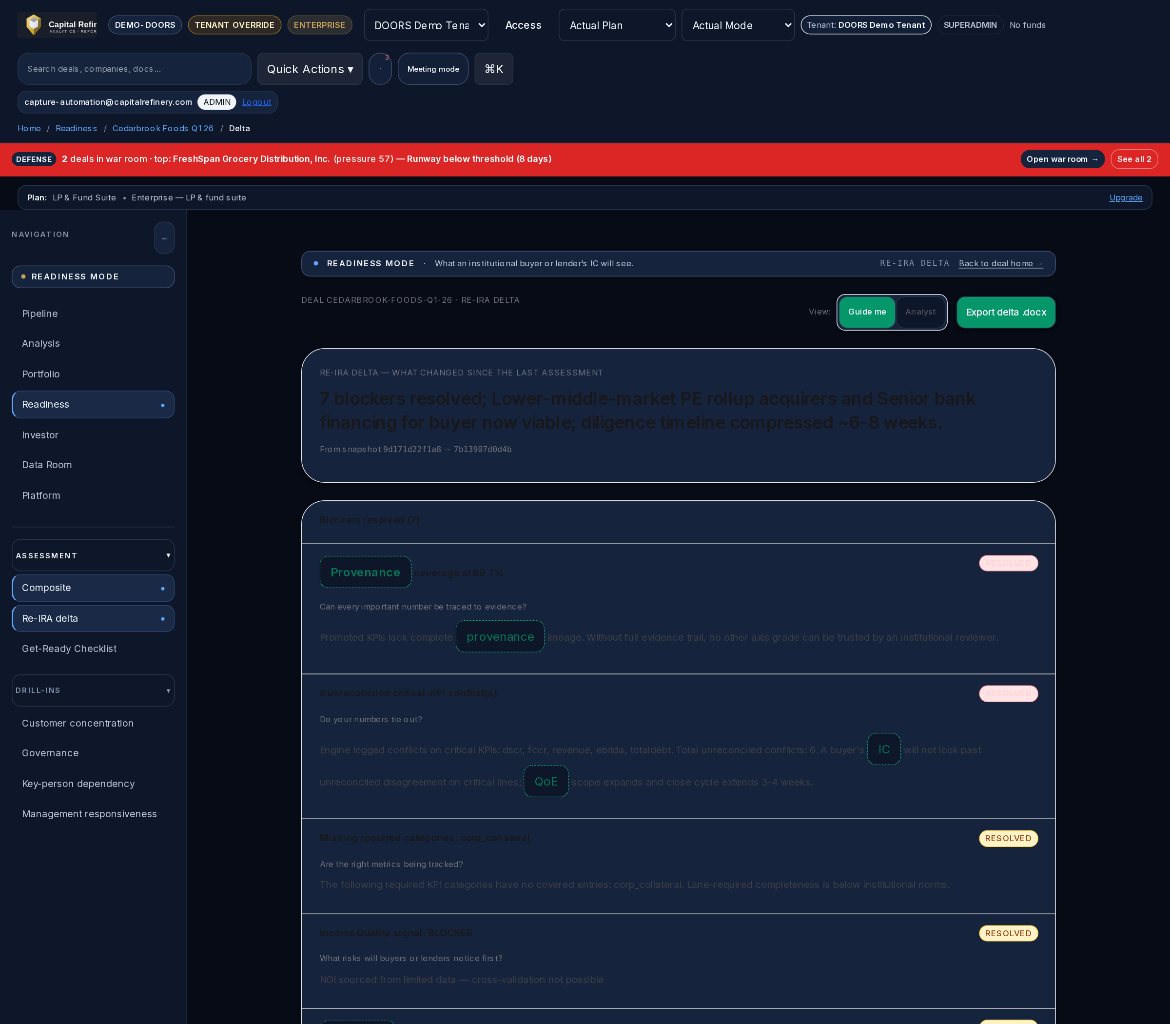 Real platform render of the Re-IRA delta page for Cedarbrook
