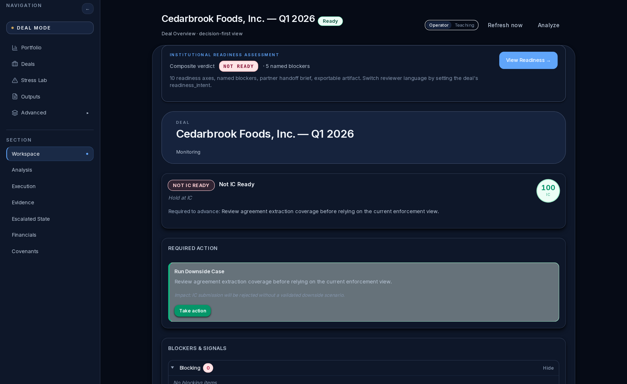 Capital Refinery operator UI showing the Cedarbrook deal home with the IRA action row