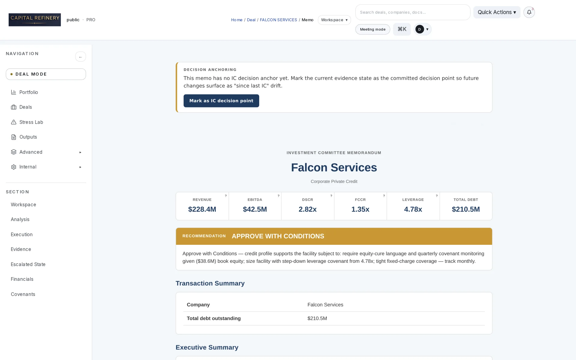 Outcome record — execution log, decision basis, and evidence trail rendered to LP and board