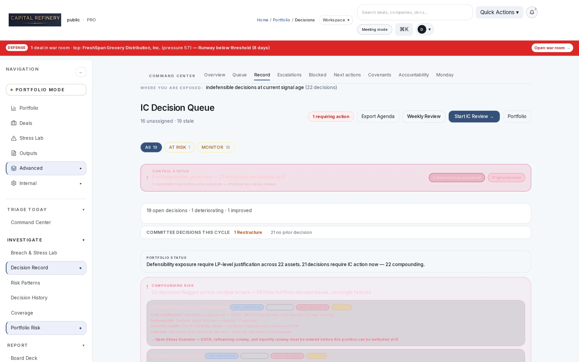 Decision queue — constrained options with explicit consequences and decision lock