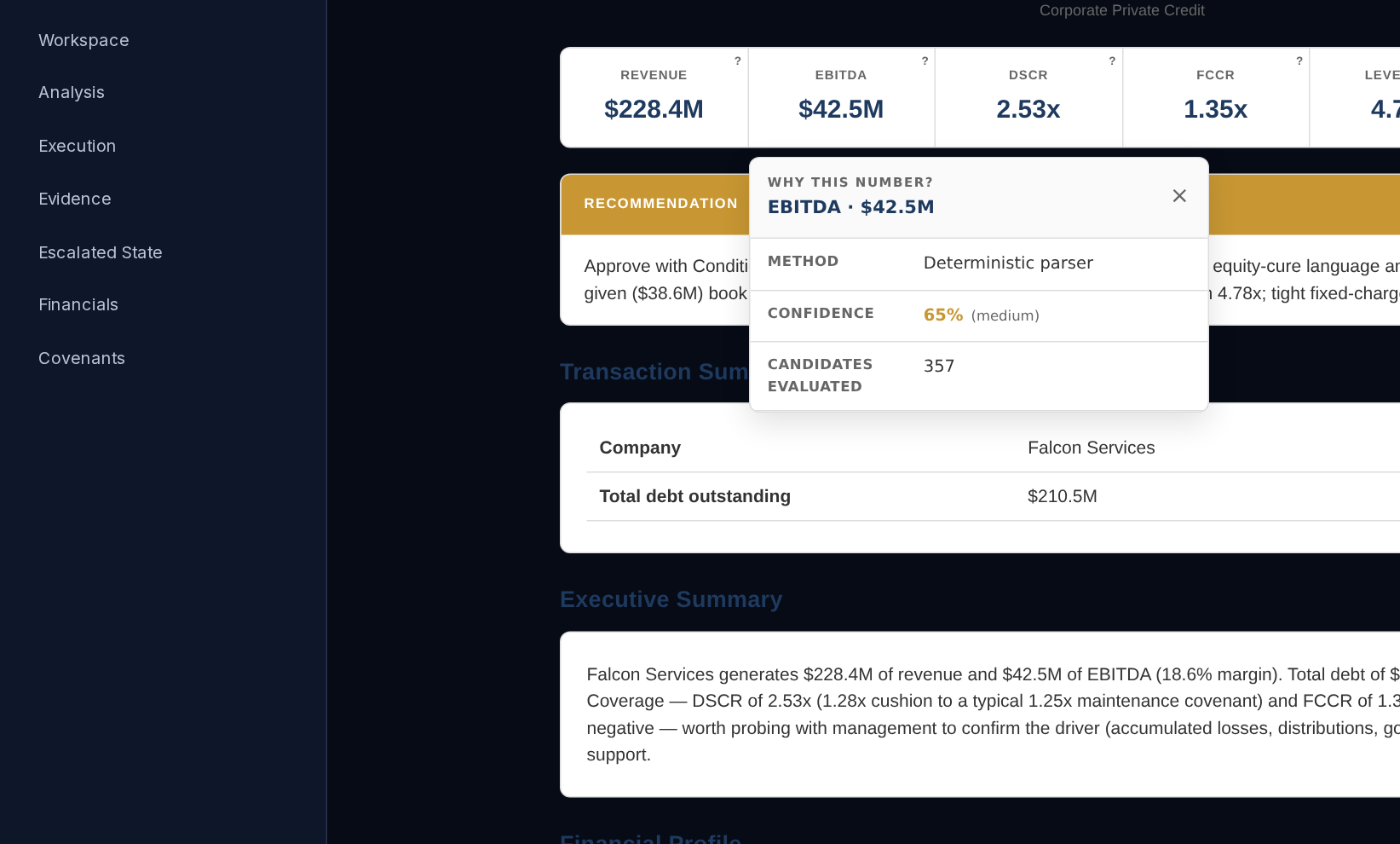 The Why-this-number overlay on a Capital Refinery IC memo — clicking the EBITDA figure shows its extraction method (deterministic parser), confidence (65%), candidates evaluated (357), derivation, and an audit ID